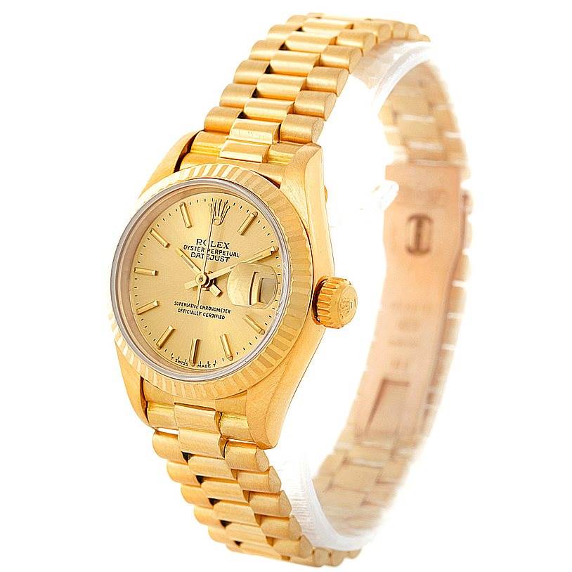 The Rolex President 69178 Women's Yellow Gold Champagne Dial 69178 Women's Yellow Gold Champagne Dial model watch is shown at a three-quarter angle, displaying the face, bezel, crown, and part of the bracelet.