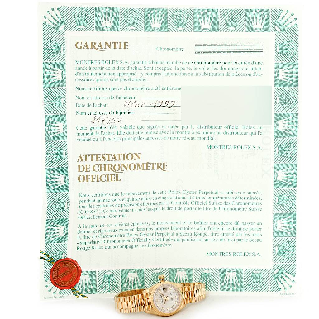 The image shows a Rolex certificate with a Rolex President 69178 Women's Yellow Gold Beige Dial 69178 Women's Yellow Gold Beige Dial model watch prominently displayed at the bottom.