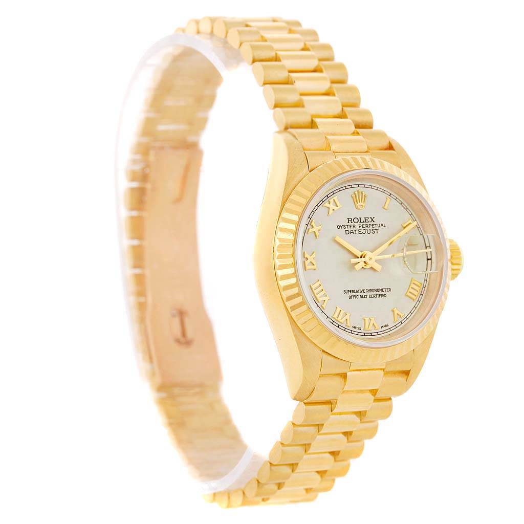The Rolex President 69178 Women's Yellow Gold Beige Dial 69178 Women's Yellow Gold Beige Dial model watch is shown at a slight angle, displaying the face, fluted bezel, and bracelet clearly.