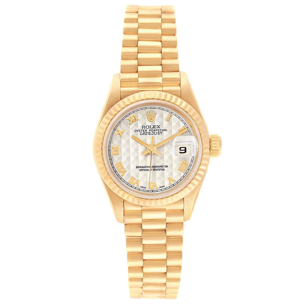 This image shows a Rolex President 69178 Women's Yellow Gold Beige Dial 69178 Women's Yellow Gold Beige Dial model watch, viewed from the front, highlighting the dial, bracelet, and date window.