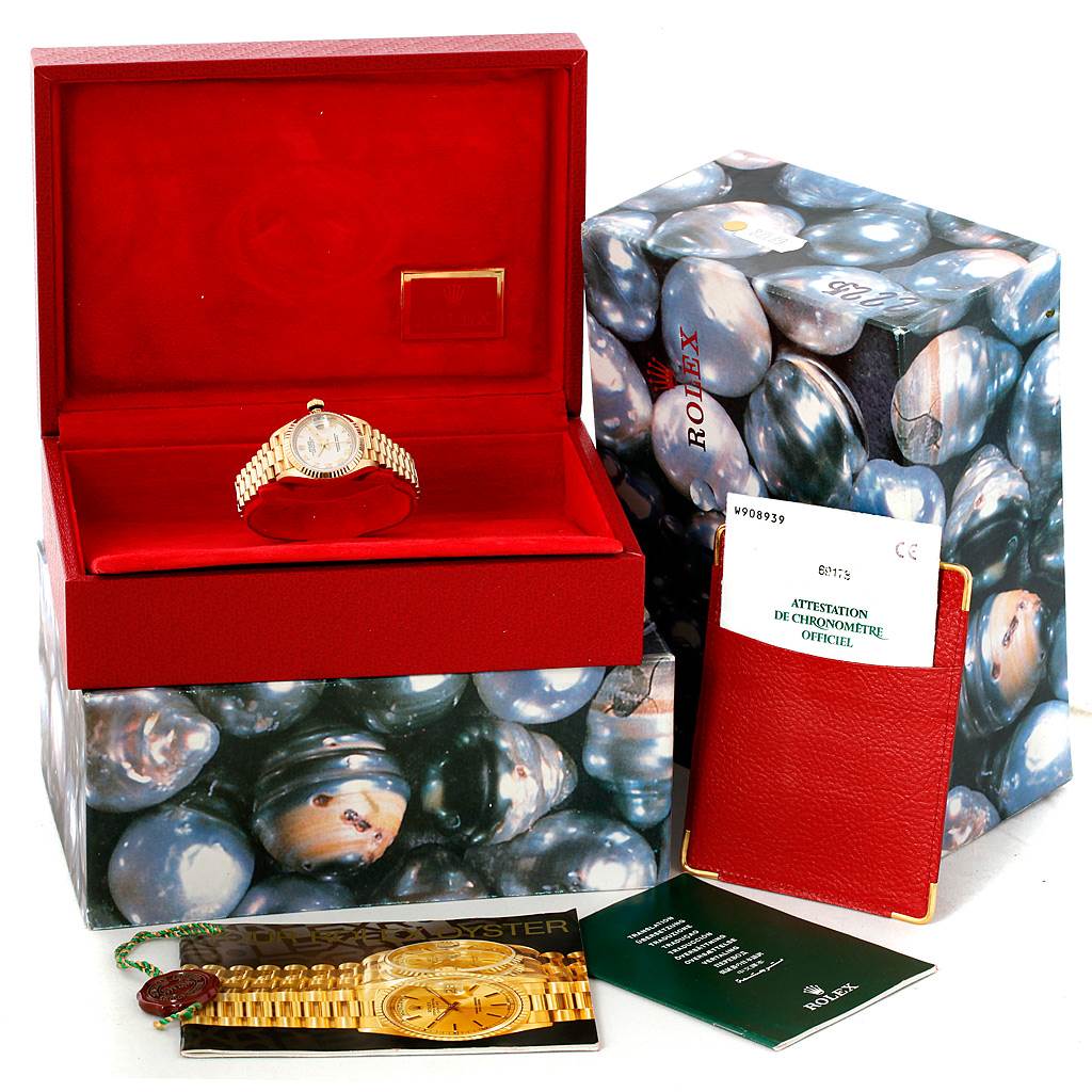 The image shows a Rolex President 69178 Women's Yellow Gold Beige Dial 69178 Women's Yellow Gold Beige Dial model watch in an open red box, with accompanying documentation and packaging.