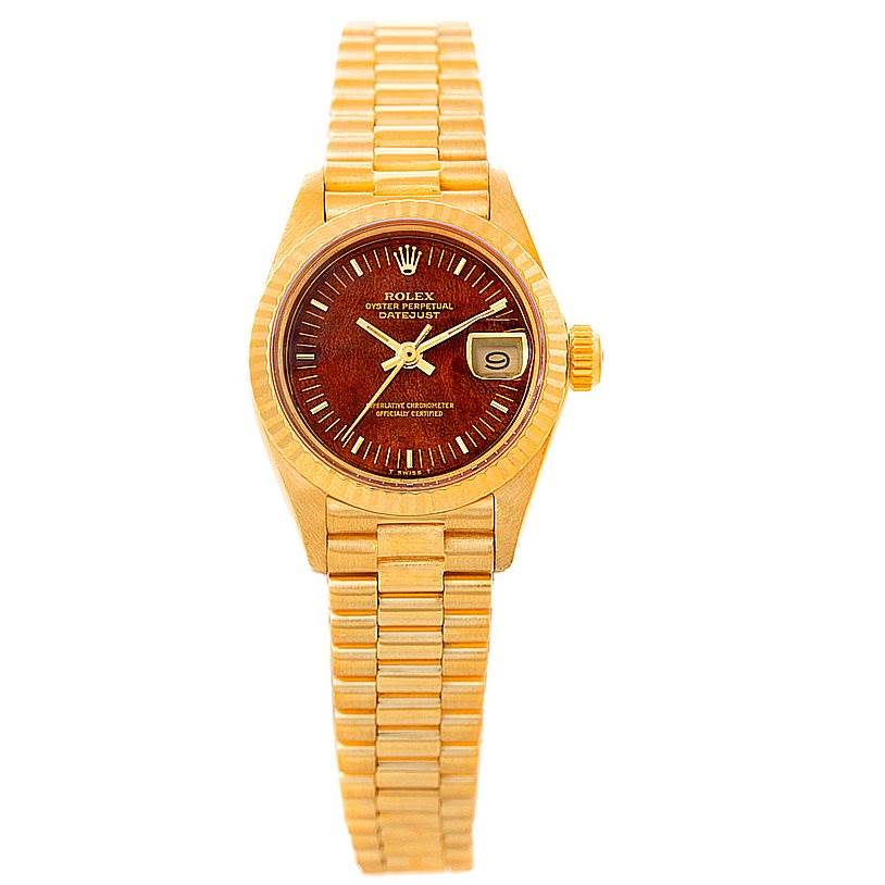 This image shows a front view of the Rolex President 6917 Women's Yellow Gold Brown Dial 6917 Women's Yellow Gold Brown Dial model watch, displaying the dial, bezel, crown, and entire bracelet.