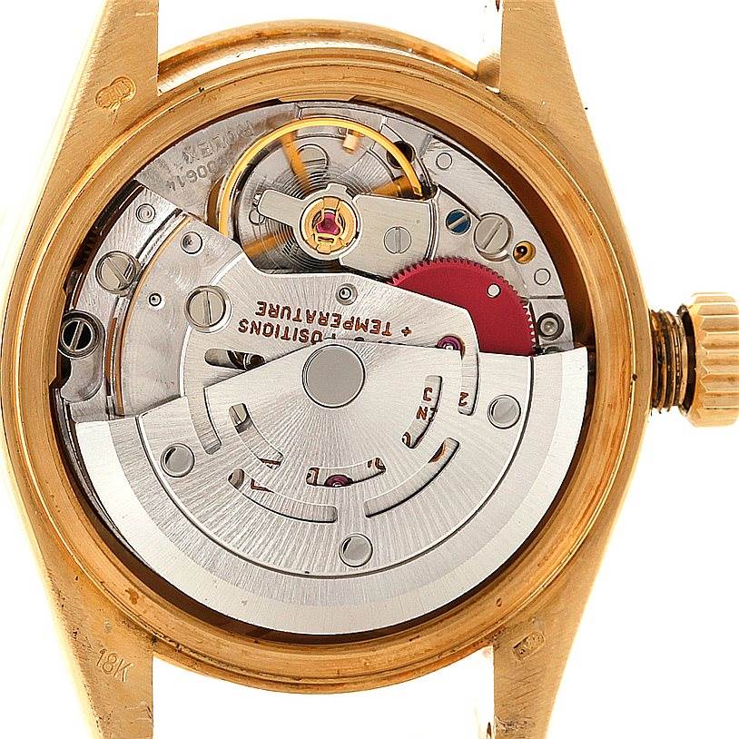 This image shows the Rolex President 69158 Women's Yellow Gold Champagne Dial 69158 Women's Yellow Gold Champagne Dial model watch's movement from the rear without the case back, exposing the internal mechanics.