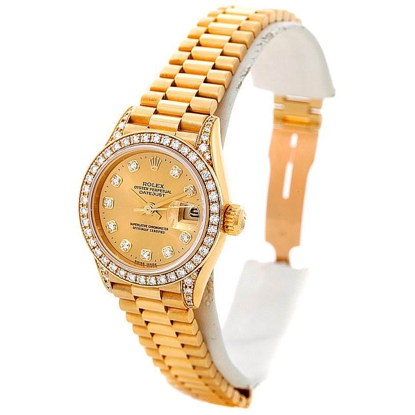 This image shows a side view of the Rolex President 69158 Women's Yellow Gold Champagne Dial 69158 Women's Yellow Gold Champagne Dial model watch, highlighting the bracelet, bezel, and dial.