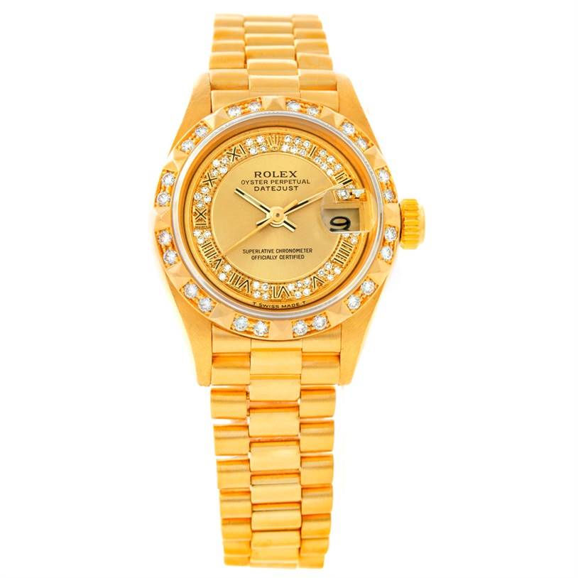 The image shows the front view of a Rolex President 69178 Women's Yellow Gold Champagne Dial 69178 Women's Yellow Gold Champagne Dial model watch, displaying its dial, bezel, and bracelet.