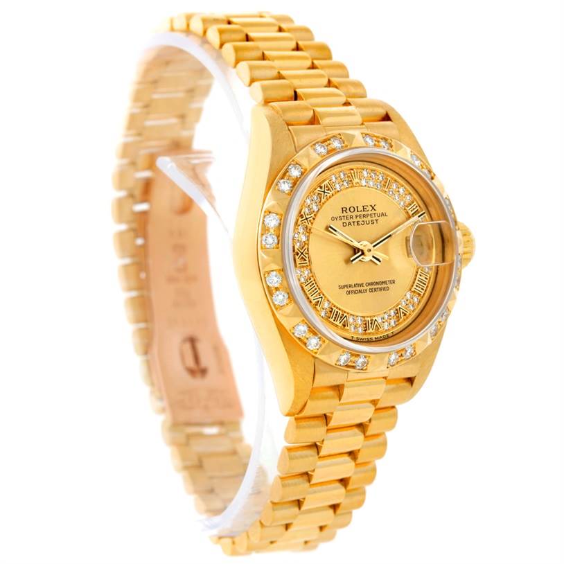 The image shows a side angle of a gold Rolex President 69178 Women's Yellow Gold Champagne Dial 69178 Women's Yellow Gold Champagne Dial model watch, highlighting its dial, bezel, and bracelet.