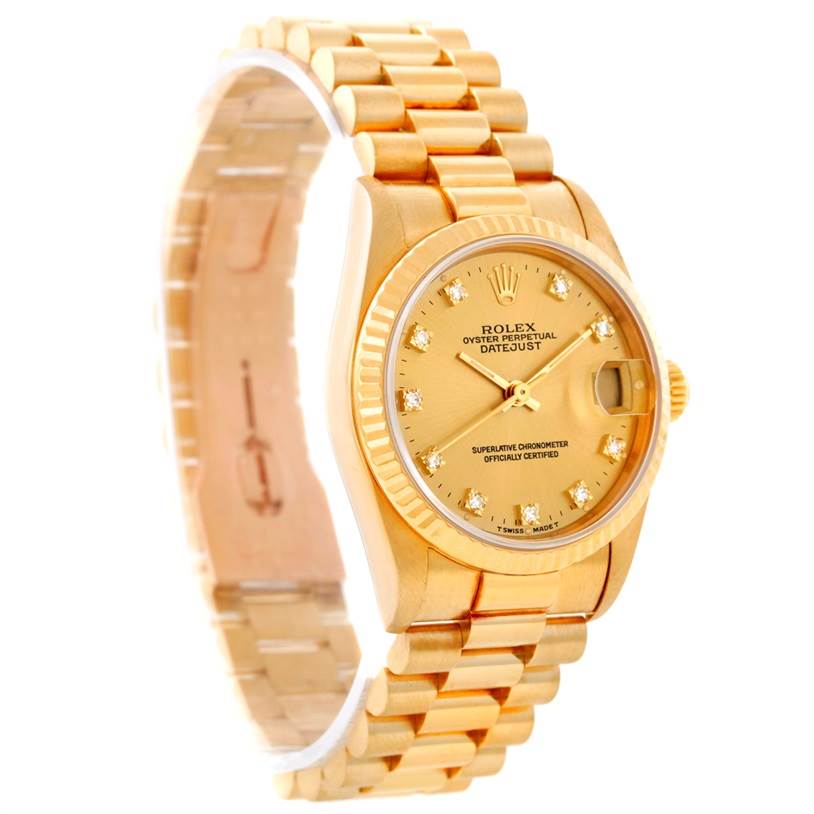The image shows a gold Rolex President 68278 Women's Yellow Gold Champagne Dial 68278 Women's Yellow Gold Champagne Dial model watch, angled left with the face and bracelet clearly visible.