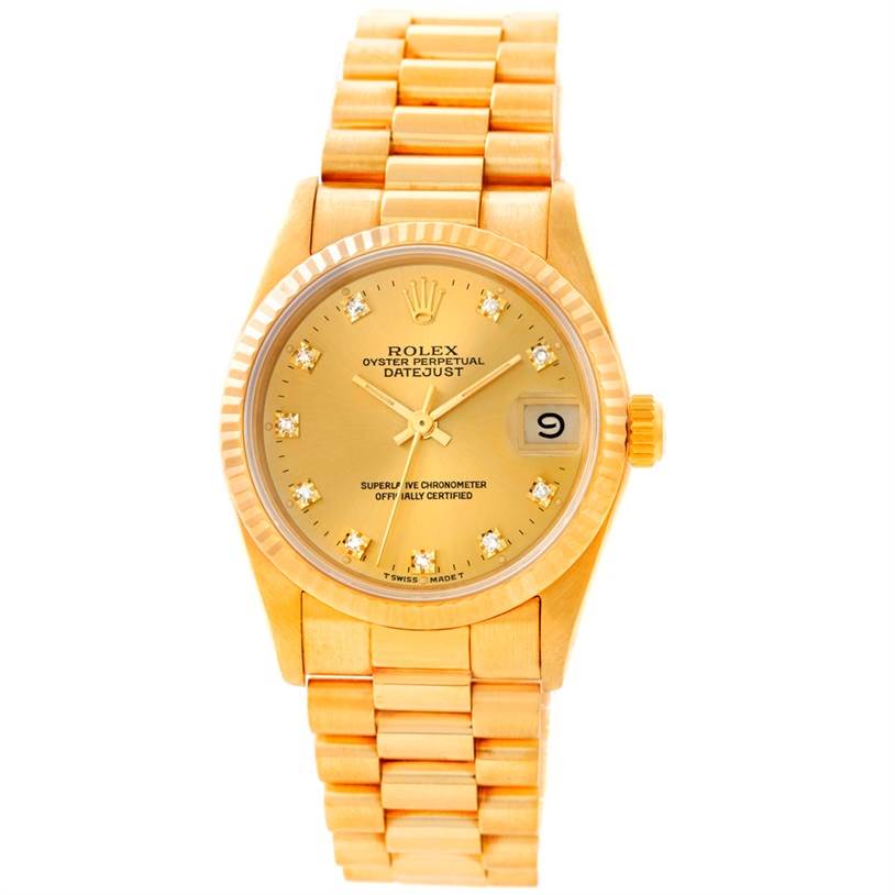 The Rolex President 68278 Women's Yellow Gold Champagne Dial 68278 Women's Yellow Gold Champagne Dial model watch is shown from a top-down angle, highlighting its gold face, diamond hour markers, and gold bracelet.