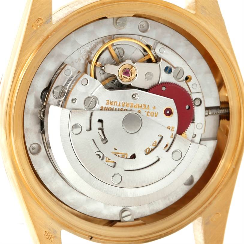 The image shows a close-up of the movement mechanism inside the Rolex President 68278 Women's Yellow Gold Champagne Dial 68278 Women's Yellow Gold Champagne Dial model watch, viewed from the back.