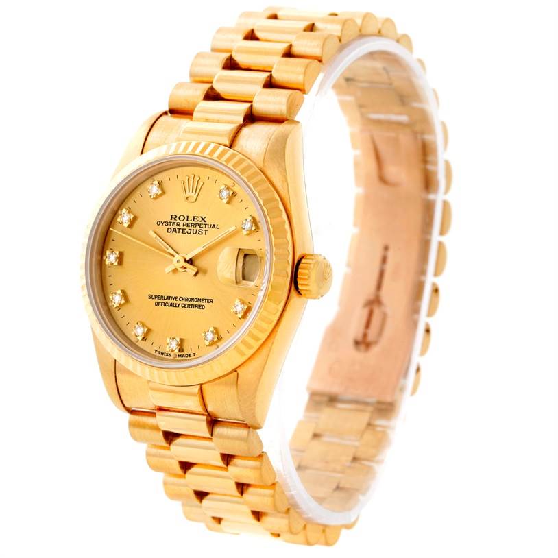 The Rolex President 68278 Women's Yellow Gold Champagne Dial 68278 Women's Yellow Gold Champagne Dial model watch is shown at an angled, semi-side view displaying the face, bezel, crown, and bracelet links.