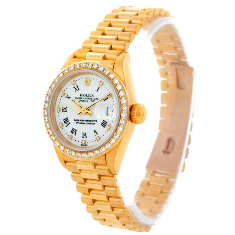The image shows a gold Rolex President 69178 Women's Yellow Gold White Dial 69178 Women's Yellow Gold White Dial model watch with a diamond bezel, white dial, and Roman numeral hour markers, angled from the front-left.