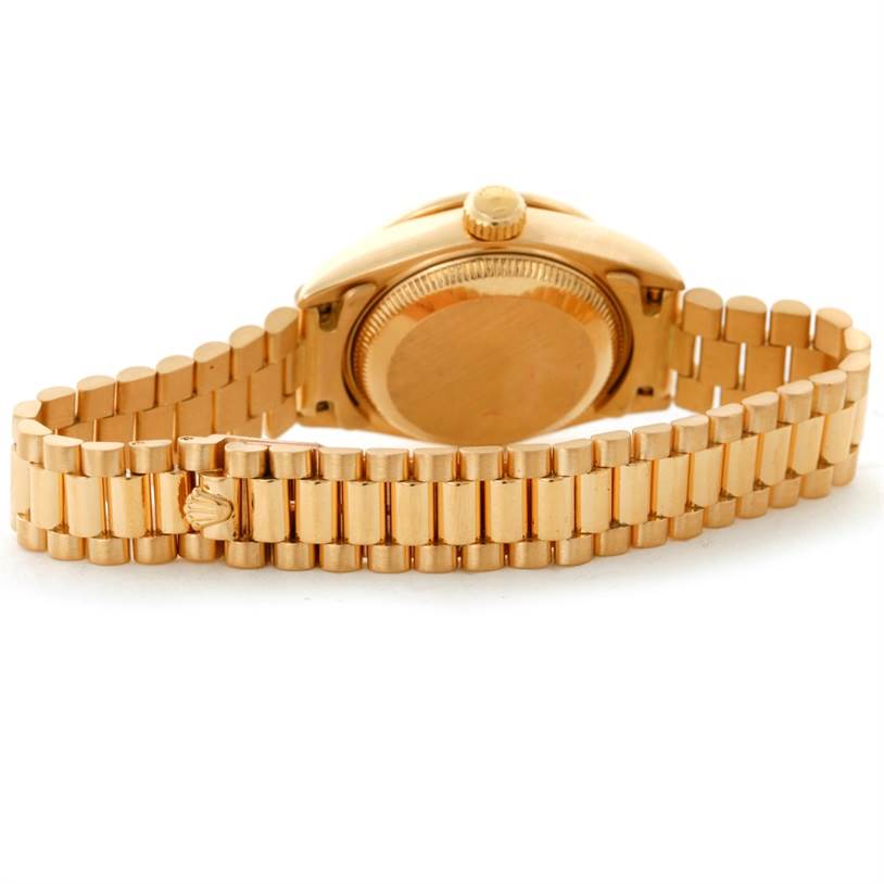 This image shows the back view of the Rolex President 69178 Women's Yellow Gold White Dial 69178 Women's Yellow Gold White Dial model, highlighting the bracelet and caseback.