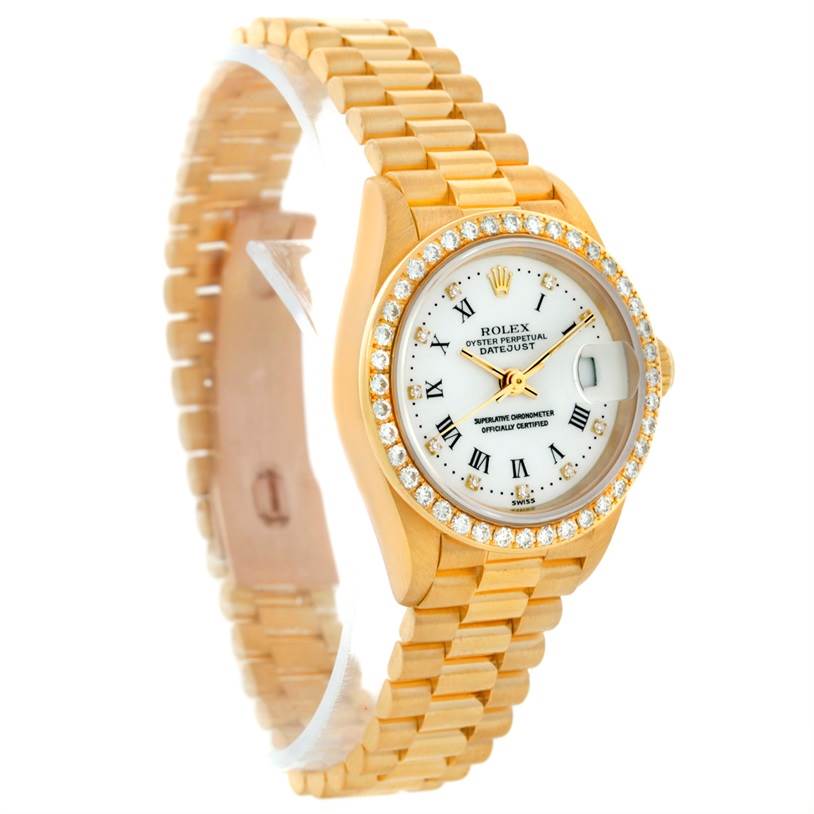 This image shows a Rolex President 69178 Women's Yellow Gold White Dial 69178 Women's Yellow Gold White Dial model watch angled slightly to the left, displaying the dial, bezel, and bracelet.