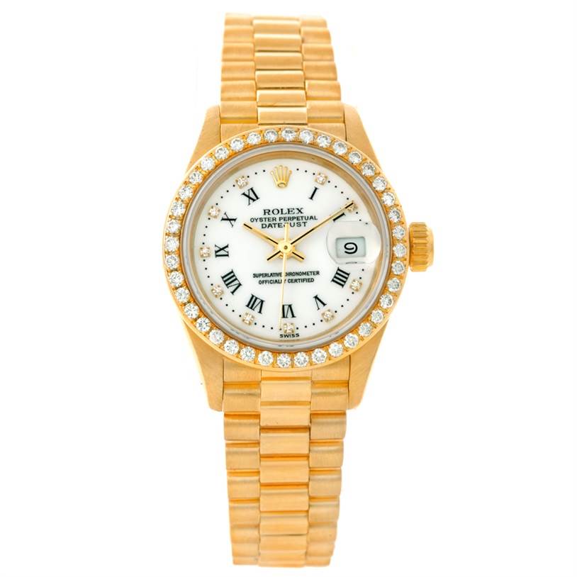 The image shows a front view of a Rolex President 69178 Women's Yellow Gold White Dial 69178 Women's Yellow Gold White Dial model watch, highlighting its dial, bezel, and bracelet.