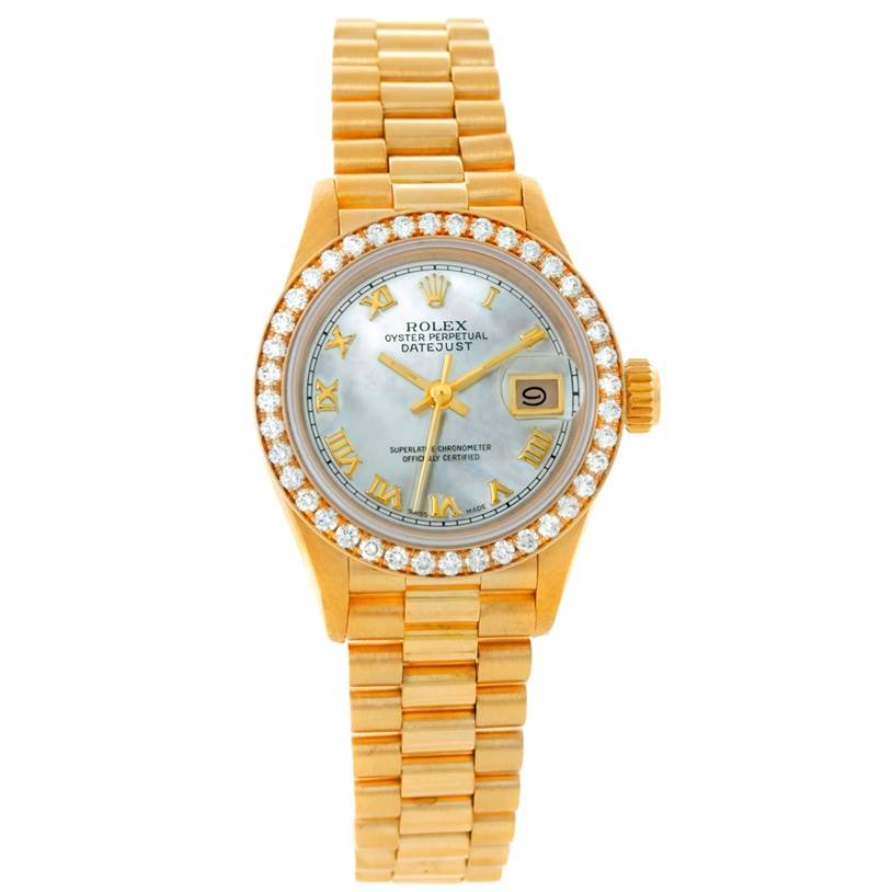 This image shows a frontal view of the Rolex President 69178 Women's Yellow Gold Mother of Pearl Dial 69178 Women's Yellow Gold Mother of Pearl Dial model watch, highlighting its gold bracelet, diamond bezel, and dial with Roman numerals.