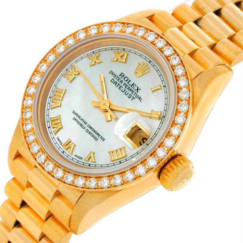 The image shows a close-up angled view of a Rolex President 69178 Women's Yellow Gold Mother of Pearl Dial 69178 Women's Yellow Gold Mother of Pearl Dial model watch, highlighting the dial, bezel, crown, and part of the bracelet.