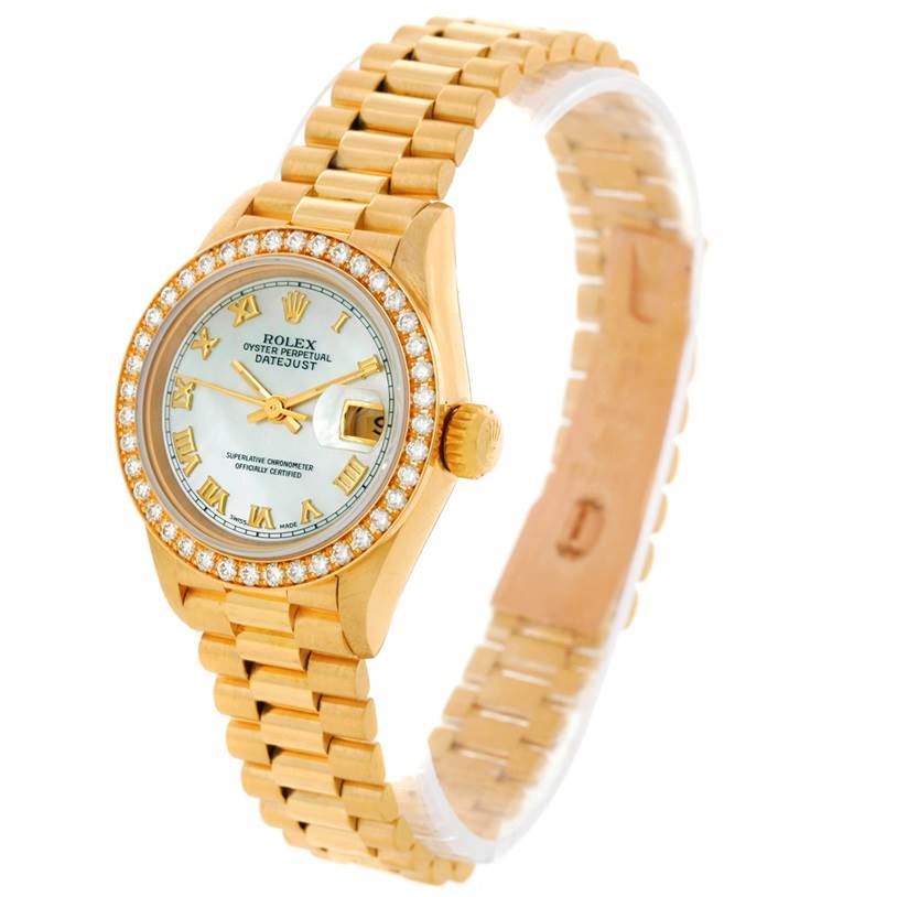 The image shows a Rolex President 69178 Women's Yellow Gold Mother of Pearl Dial 69178 Women's Yellow Gold Mother of Pearl Dial model watch, displaying its dial, bezel, crown, and bracelet from a slight angle.