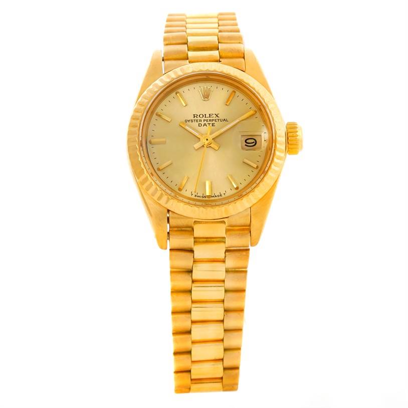 The image shows a front view of a Rolex President 6917 Women's Yellow Gold Champagne Dial 6917 Women's Yellow Gold Champagne Dial model watch, displaying its dial, bezel, bracelet, and crown.