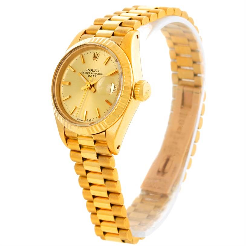 The image shows a side angle of a Rolex President 6917 Women's Yellow Gold Champagne Dial 6917 Women's Yellow Gold Champagne Dial model watch highlighting the gold bracelet, case, and dial.