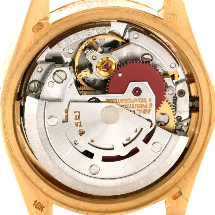The image shows the internal mechanical movement of a Rolex President 6917 Women's Yellow Gold Champagne Dial 6917 Women's Yellow Gold Champagne Dial model watch from a back angle.