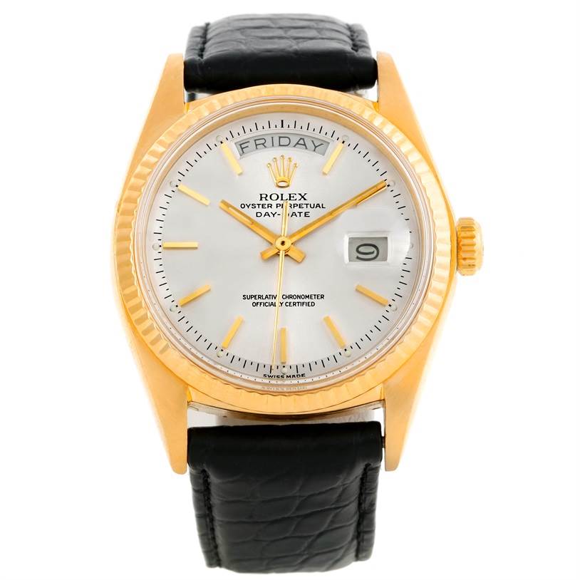 This image shows a Rolex President 1803 Men
s Yellow Gold Silver Dial 1803 Men
s Yellow Gold Silver Dial model watch from a front angle, highlighting the dial, hands, day-date display, and black leather strap.