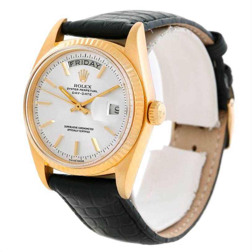 The Rolex President 1803 Men
s Yellow Gold Silver Dial 1803 Men
s Yellow Gold Silver Dial watch is shown from a front-right angle, displaying the dial, case, crown, and black leather strap.