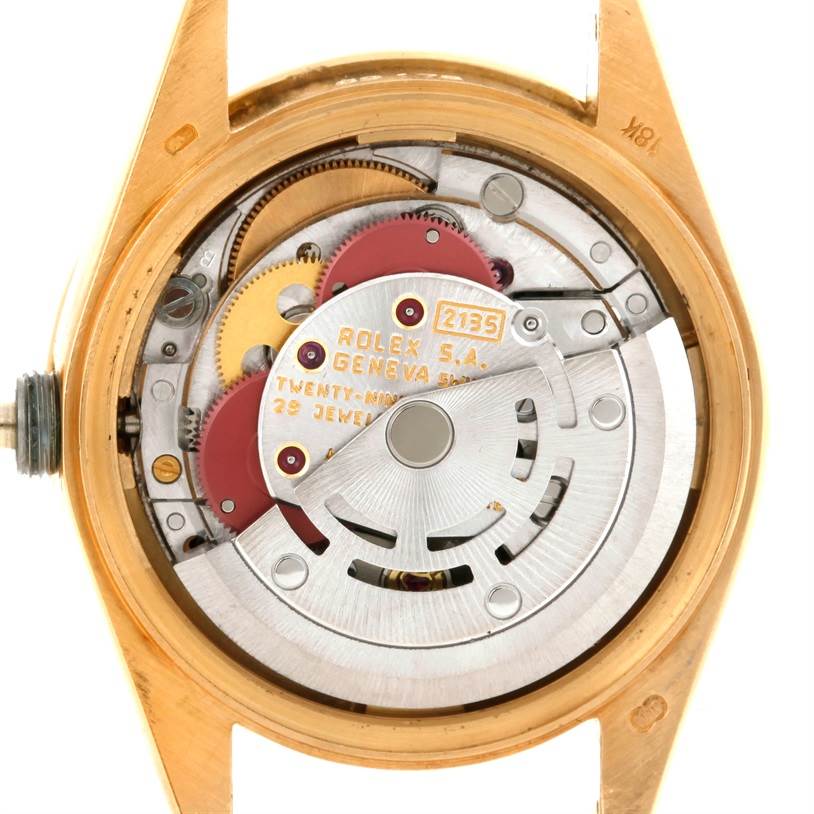 This is a close-up view of the movement inside the Rolex President 69178 Women's Yellow Gold Green Dial 69178 Women's Yellow Gold Green Dial model.