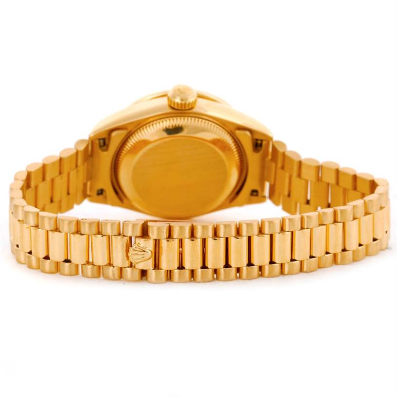 The image shows the back case and bracelet of a Rolex President 69178 Women's Yellow Gold Green Dial 69178 Women's Yellow Gold Green Dial model watch.