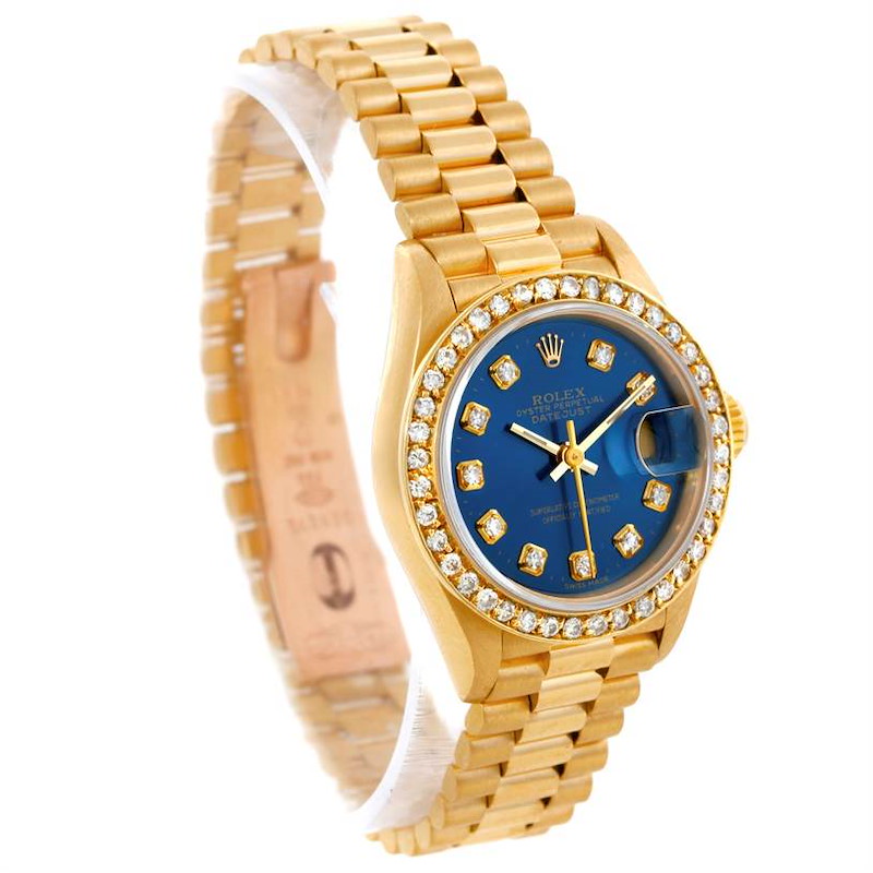 Rolex President Ladies 18k Yellow Gold Diamond Blue Dial Watch 69178 SwissWatchExpo