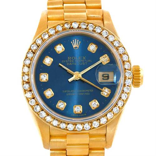 Photo of Rolex President Ladies 18k Yellow Gold Diamond Blue Dial Watch 69178