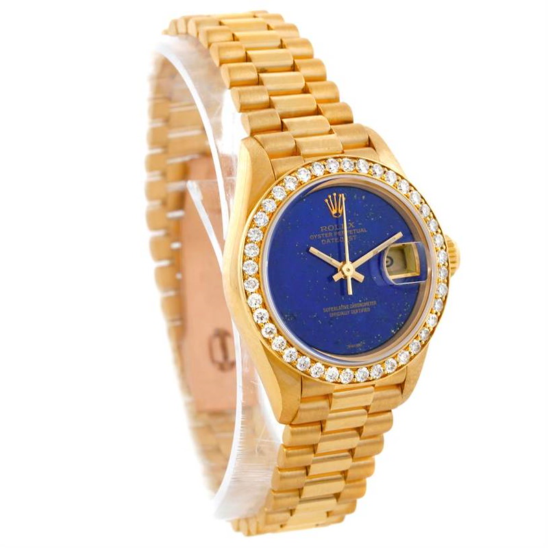 Rolex President Ladies 18k Yellow Gold Lapis Diamond Watch 69178 SwissWatchExpo