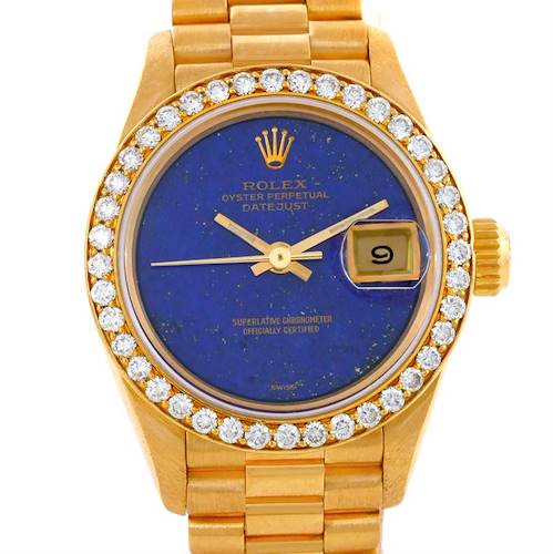 Photo of Rolex President Ladies 18k Yellow Gold Lapis Diamond Watch 69178