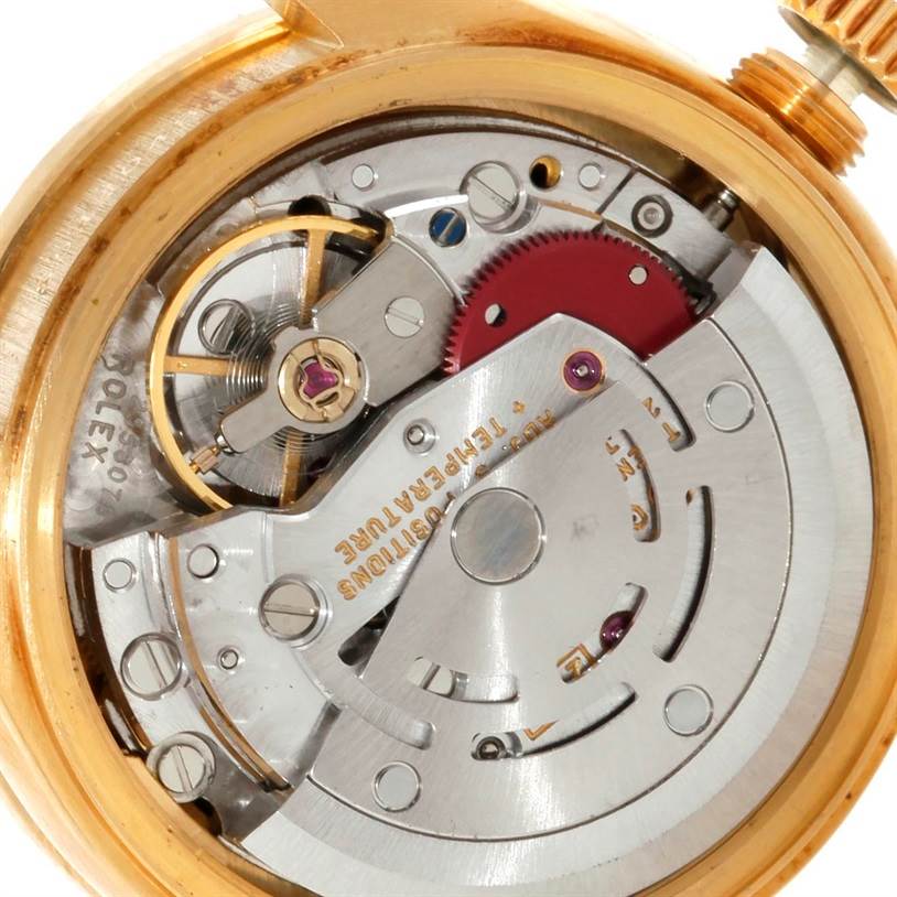 This image shows the intricate internal mechanism of the Rolex President 69288 Women's Yellow Gold White Dial 69288 Women's Yellow Gold White Dial model watch, viewed from the back.
