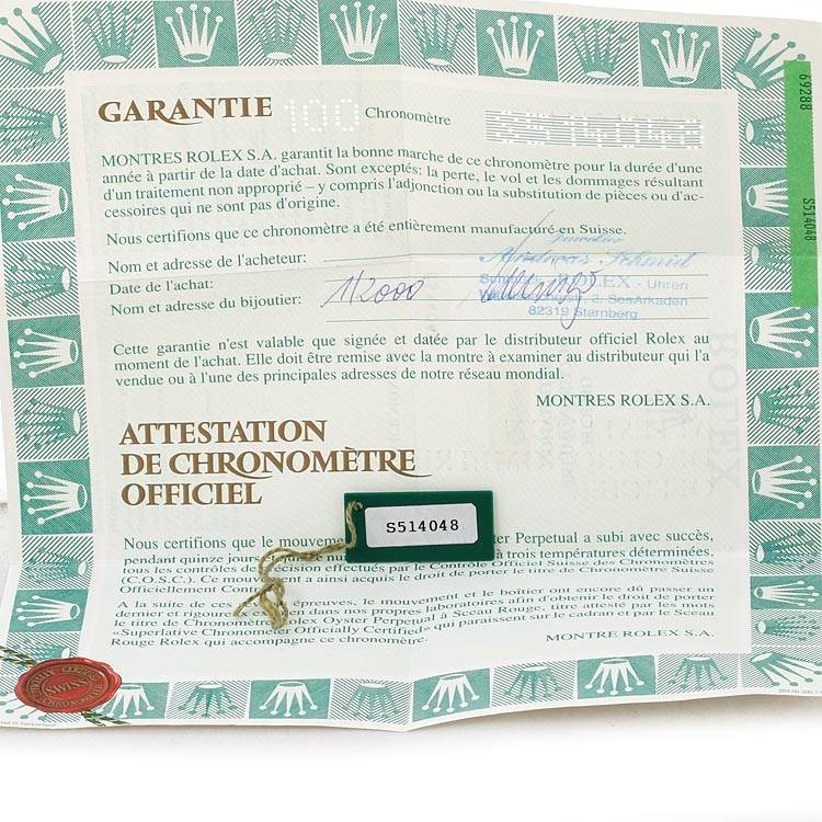 The image shows a warranty certificate with branding details for the President model by Rolex.