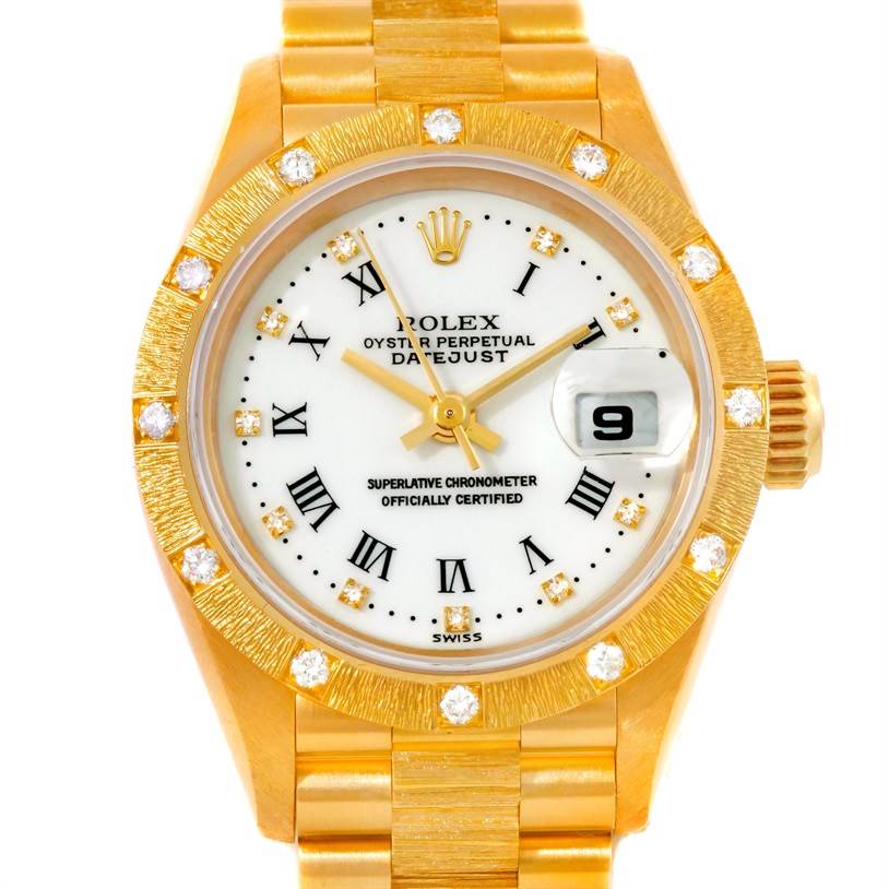 ladies 18k gold rolex datejust president diamond watch