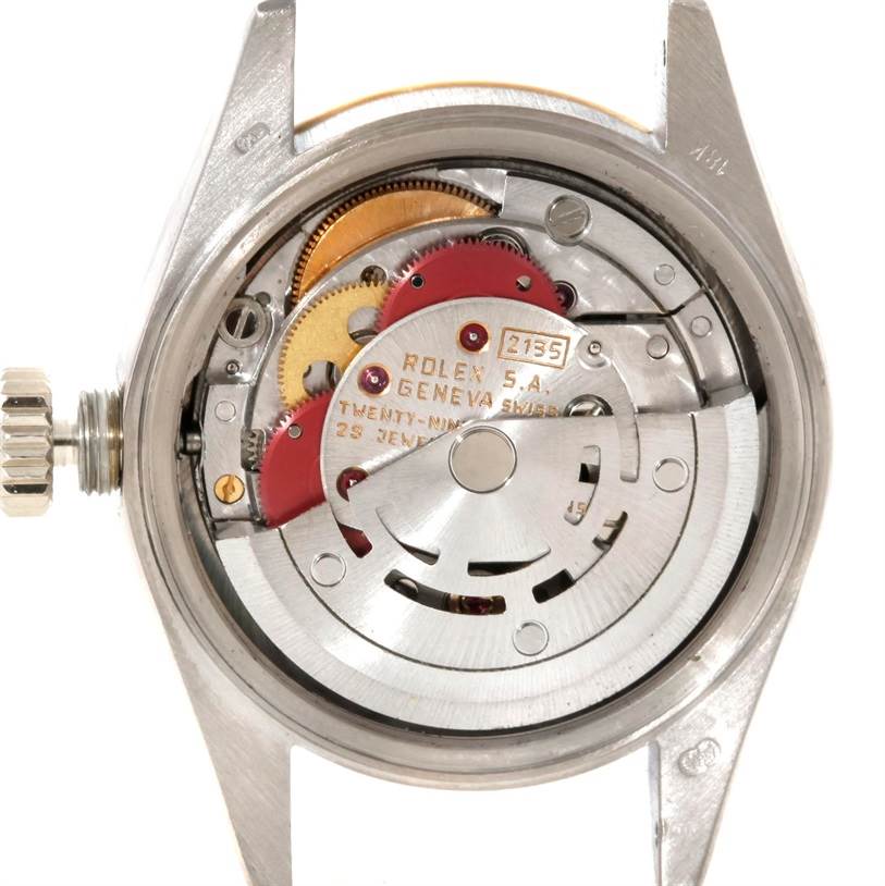 The image shows the back view of a Rolex President 69179B Women's White Gold Brown Dial 69179B Women's White Gold Brown Dial model watch, highlighting its internal mechanical movement components.