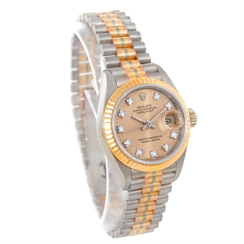 This image shows a Rolex President 69179B Women's White Gold Brown Dial 69179B Women's White Gold Brown Dial model watch from an angled perspective, highlighting the face, bezel, and bracelet.