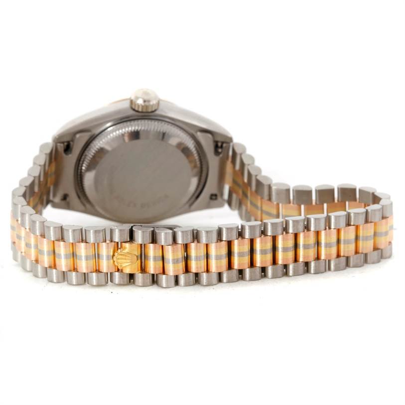 This image shows the back and the bracelet of a Rolex President 69179B Women's White Gold Brown Dial 69179B Women's White Gold Brown Dial model watch.