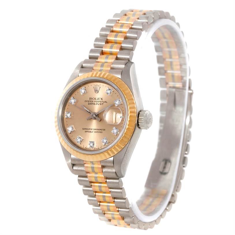 The Rolex President 69179B Women's White Gold Brown Dial 69179B Women's White Gold Brown Dial model watch is shown from a three-quarter angle, focusing on the face, bezel, and bracelet.