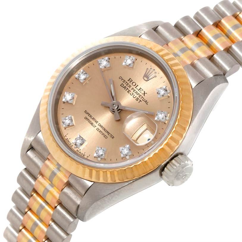 The image shows a close-up, angled view of a Rolex President 69179B Women's White Gold Brown Dial 69179B Women's White Gold Brown Dial watch, highlighting its dial, bezel, crown, and part of the bracelet.