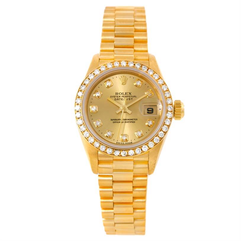 This image shows a Rolex President 69178 Women's Yellow Gold Champagne Dial 69178 Women's Yellow Gold Champagne Dial watch from a front angle, displaying the face, bezel, and bracelet.