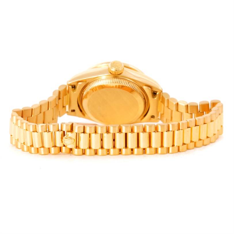 This image shows the back case and bracelet of a Rolex President 69178 Women's Yellow Gold Champagne Dial 69178 Women's Yellow Gold Champagne Dial model watch from a rear angle.