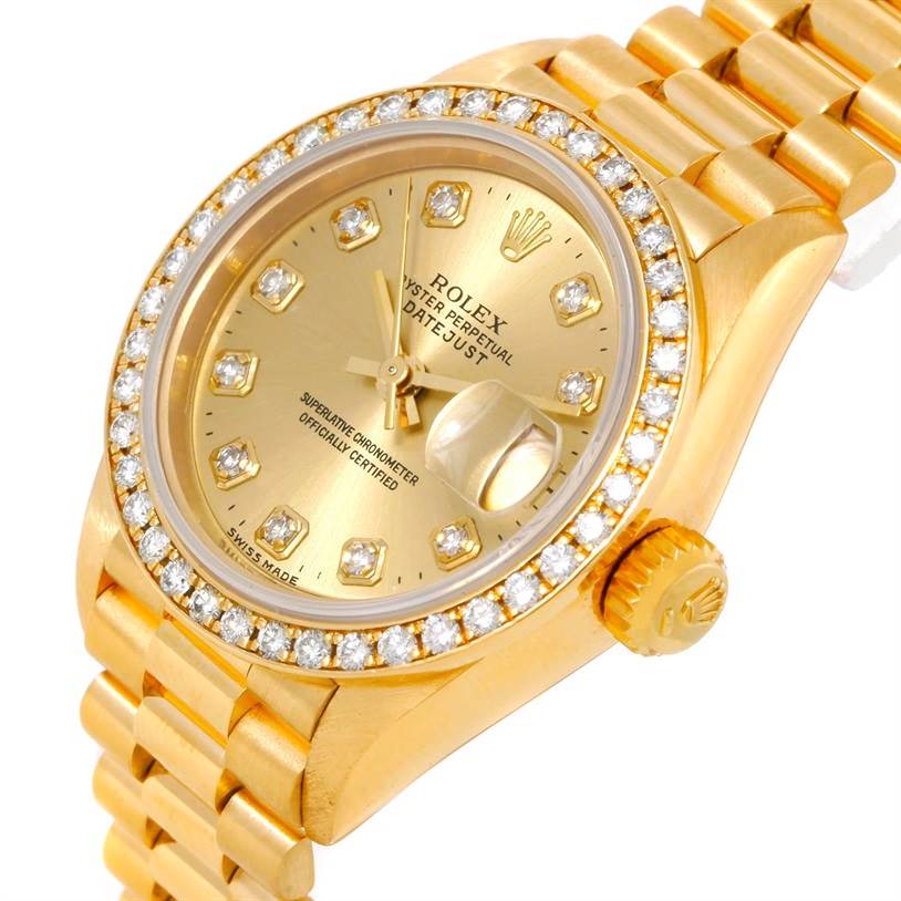 The image shows a Rolex President 69178 Women's Yellow Gold Champagne Dial 69178 Women's Yellow Gold Champagne Dial model watch from an angled view, highlighting the dial, bezel, and part of the bracelet.