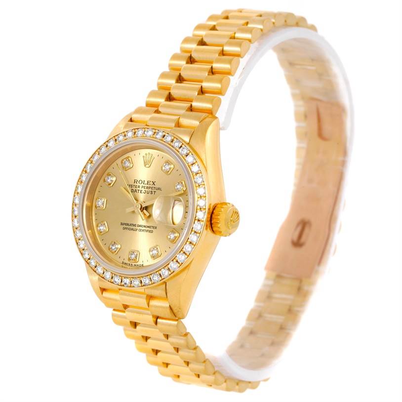 The Rolex President 69178 Women's Yellow Gold Champagne Dial 69178 Women's Yellow Gold Champagne Dial model watch is shown at an angle displaying the face, bezel, crown, and bracelet.
