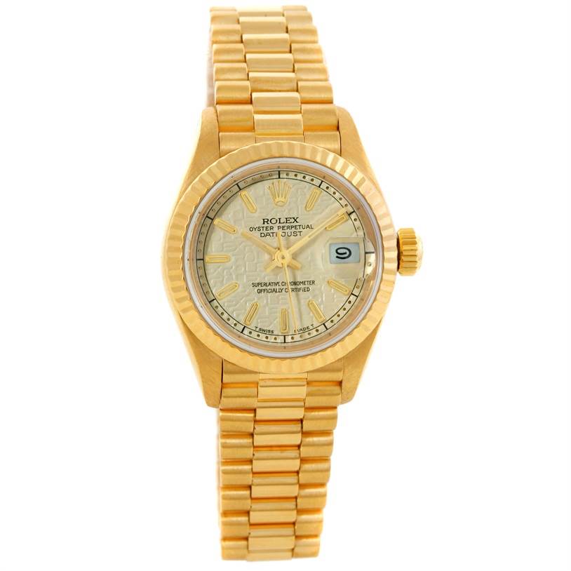 The image shows the front view of a Rolex President 69178 Women
s Yellow Gold Beige Dial 69178 Women
s Yellow Gold Beige Dial model watch, featuring its dial, bezel, and bracelet.
