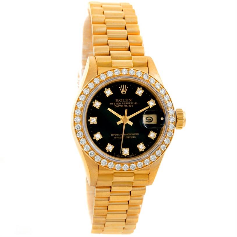 This image shows a front view of the Rolex President 69178 Women's Yellow Gold Black Dial 69178 Women's Yellow Gold Black Dial model watch, highlighting the watch face, bezel, bracelet, and crown.
