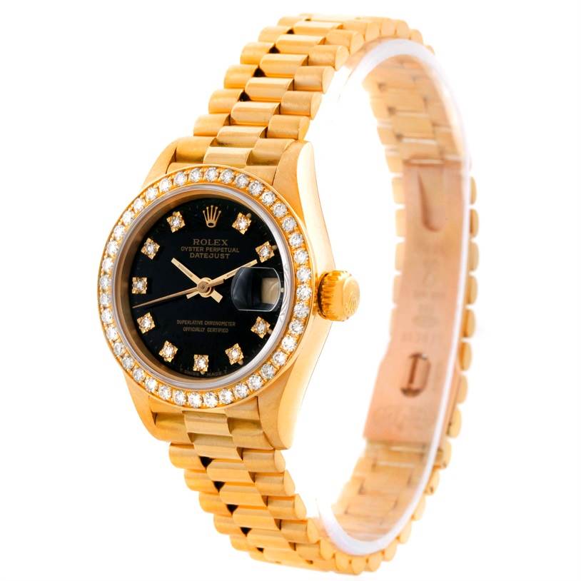 This image shows a side and slight top angle view of a Rolex President 69178 Women's Yellow Gold Black Dial 69178 Women's Yellow Gold Black Dial model watch, highlighting its gold band and diamond bezel.