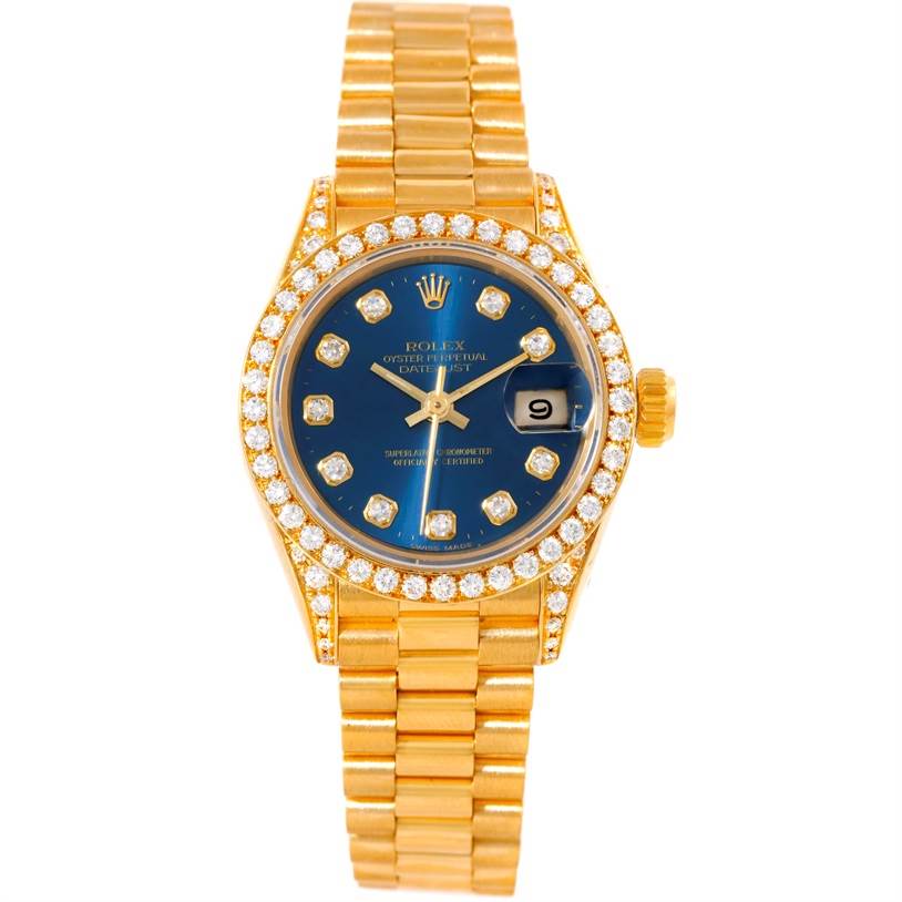 The image shows a Rolex President 69188 Women's Yellow Gold Blue Dial 69188 Women's Yellow Gold Blue Dial model watch taken from the front, highlighting its face, bezel, and bracelet.