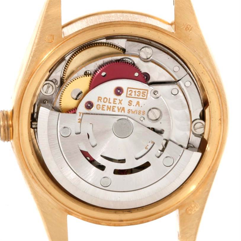 This is a close-up, top-down view of the internal mechanism of a Rolex President 69178 Women's Yellow Gold Champagne Dial 69178 Women's Yellow Gold Champagne Dial model watch.