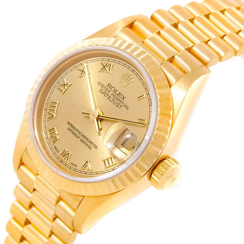 A close-up, angled view of the Rolex President 69178 Women's Yellow Gold Champagne Dial 69178 Women's Yellow Gold Champagne Dial model showing the dial, bracelet, bezel, and crown.